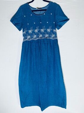 Vintage 90s Uni Mondo Blue Denim Embroidered Maxi Dress Cottagecore Modest 8P